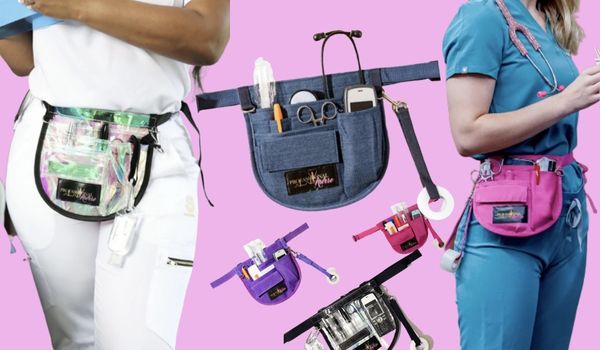 Nurses wearing organizer pouches that holds medical items like tape, pen, highlighter, flushes