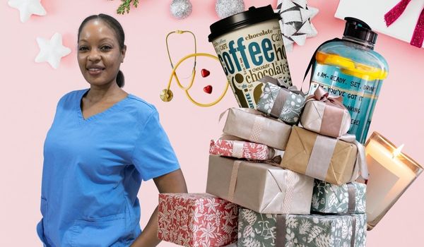 nurse in blue scrubs surrounded by stethoscope and Christmas gifts 