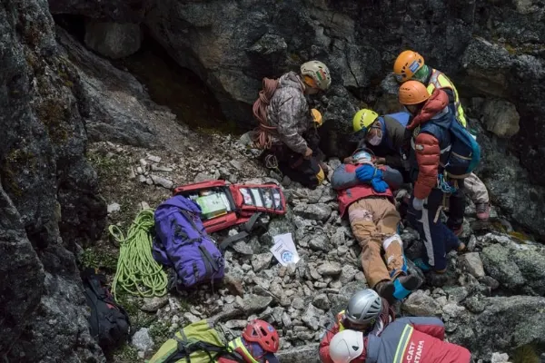 Rescue team and paramedics checking on a earthquake victim